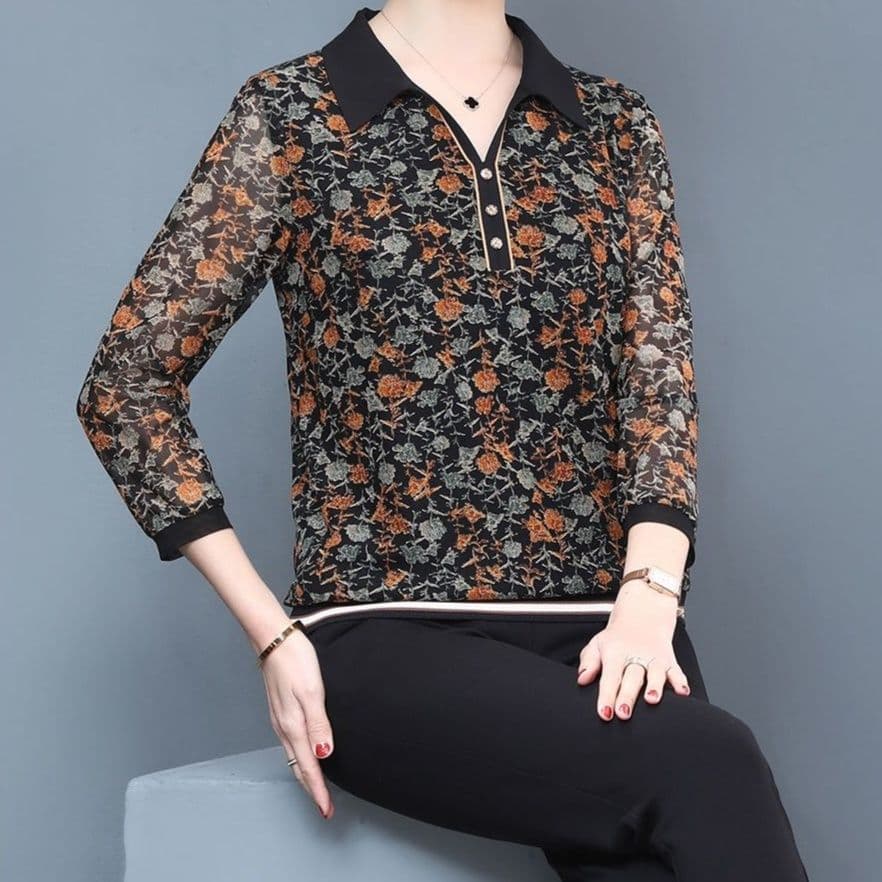 ポロシャツ レディース 花柄シースルー 七分袖ポロシャツ