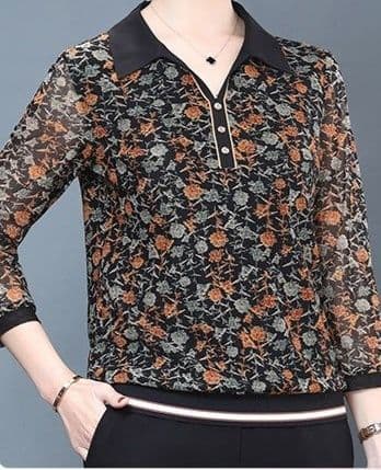ポロシャツ レディース 花柄シースルー 七分袖ポロシャツ